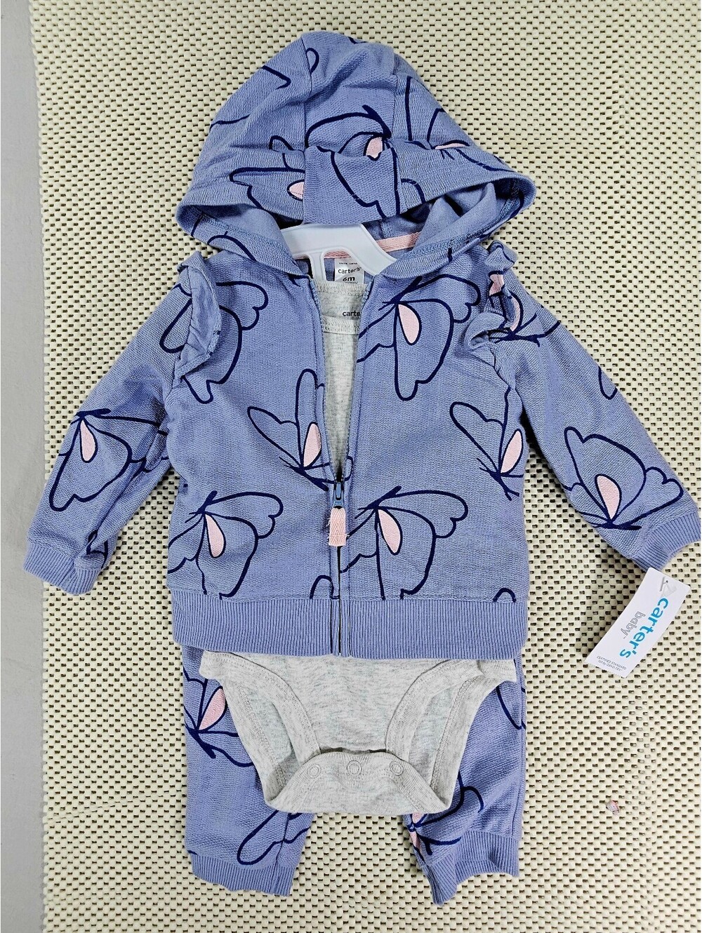 Carter's Baby 3-Piece Outfit Set - Butterfly Hoodie, Bodysuit, & Pants. Size 6m